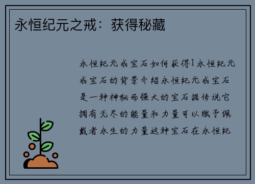 永恒纪元之戒：获得秘藏
